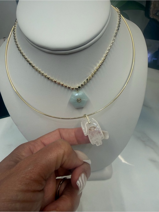 Jewelry - Gold Beaded Necklace with Light Blue Hexagon Pendant and Gold Hamsa Charm
